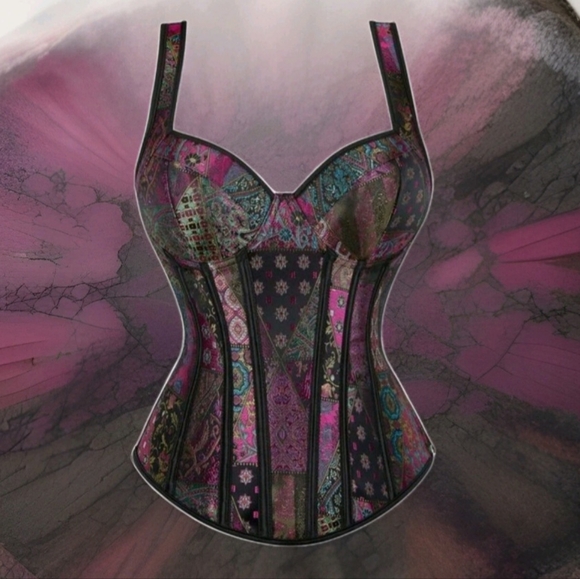 NWT Patchwork Multicolor Floral Jacquard Lace Up Corset SZ L - Picture 12 of 15